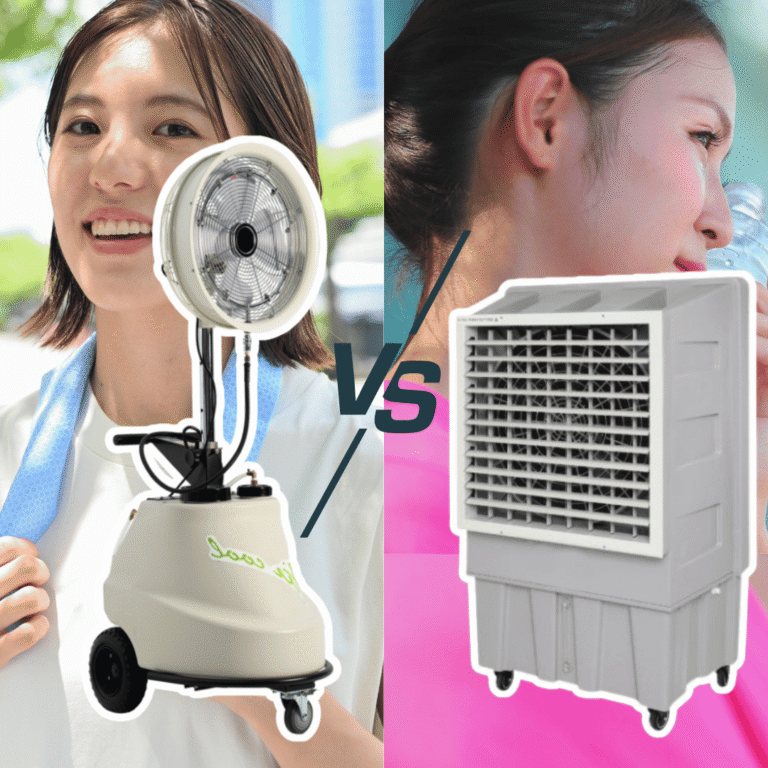 比較圖，暗示專業噴霧風扇與傳統水冷扇在降溫原理與效果有所差異