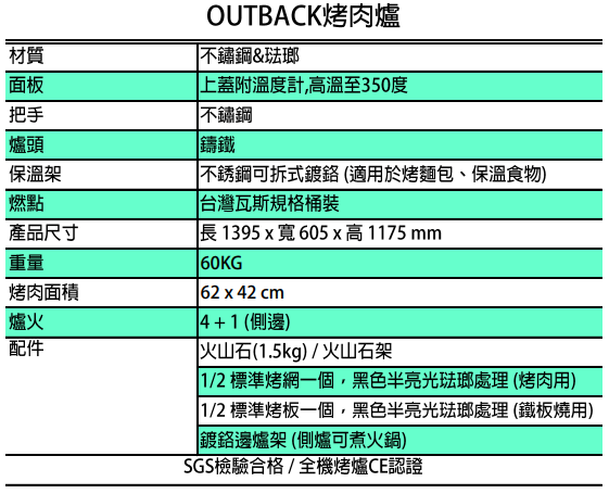 OUTBACK 烤肉爐租借的詳細規格表,包含材質、尺寸與配件說明。